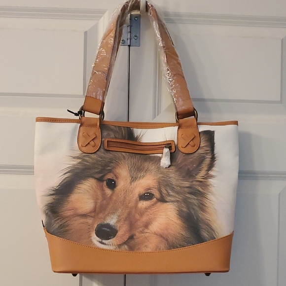 Tan and White Tote Bag with Dog Print - Picture 1 of 9